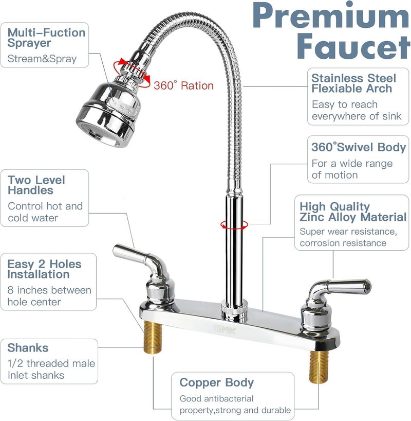 XMK All Metal RV Kitchen Faucet,Camper RV Kitchen Sink Faucet Replacement with Flexible Arc 360 Degree Rotatable Tri-Function Sprayer for Campers,Motorhomes,Travel Trailers,8 Inch 2 Hole - Image 2